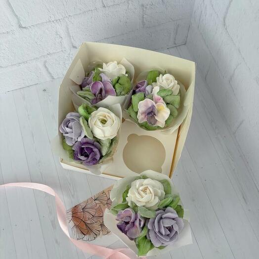 Зефирные капкейки с цветами 4 шт, розы, орхидеи, ранункулюс