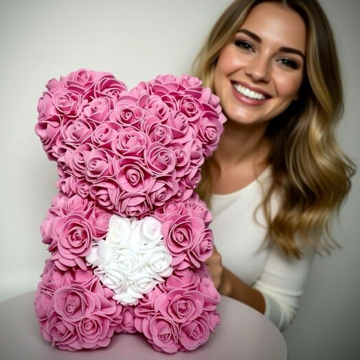 Мишка из роз фоамирана "Luxury Rose Bear" розовый с сердцем
