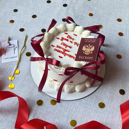 Бенто торт средний 850г  на 14 лет с паспортом, рюшами, бантиками