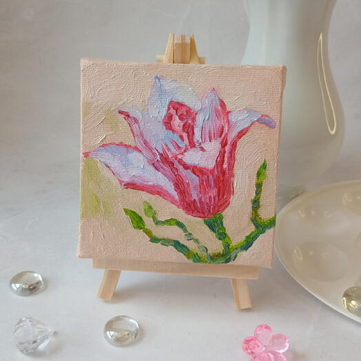 Розовая магнолия, мини картина масло на холсте