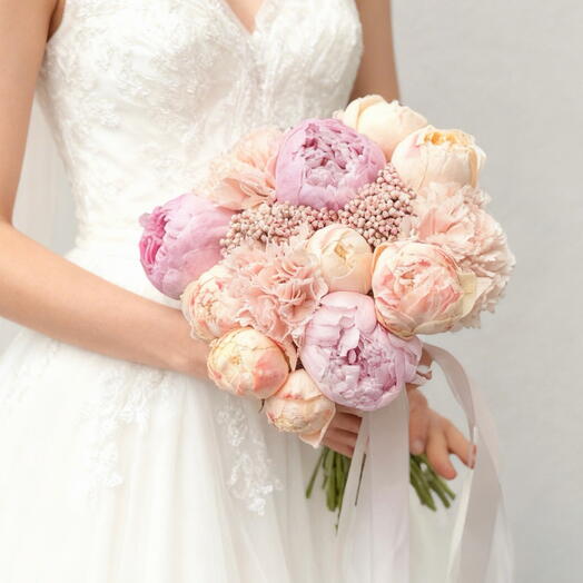 Нежный букет невесты с пионовидными родами принцесса Сиюка и пионами Сара Бернар