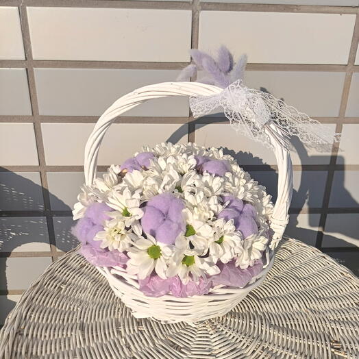 Лукошко ромашек и хлопок 💜Корзинка с ромашками Сухоцветы Лагурус День Рождения Маме Девушке