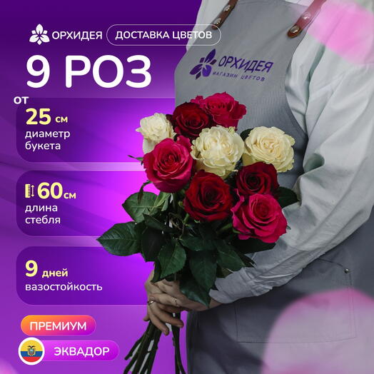 Букет 9 Роз 60 см микс