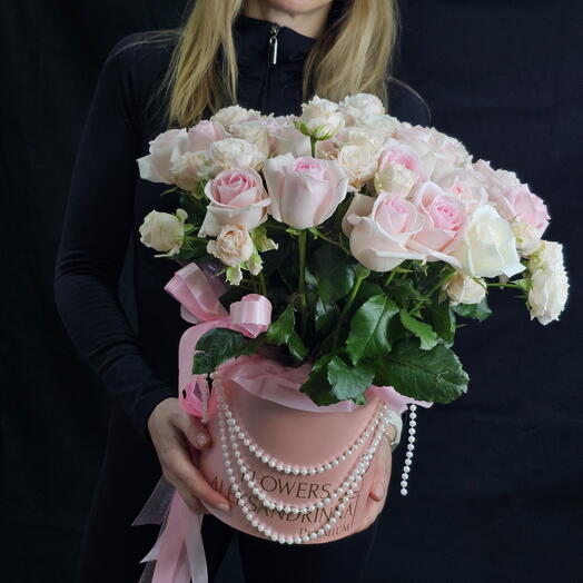 💗Любимой "Pink Gold Lux" в круглой коробке, нежная роскошная композиция, девушке, дофаминовый