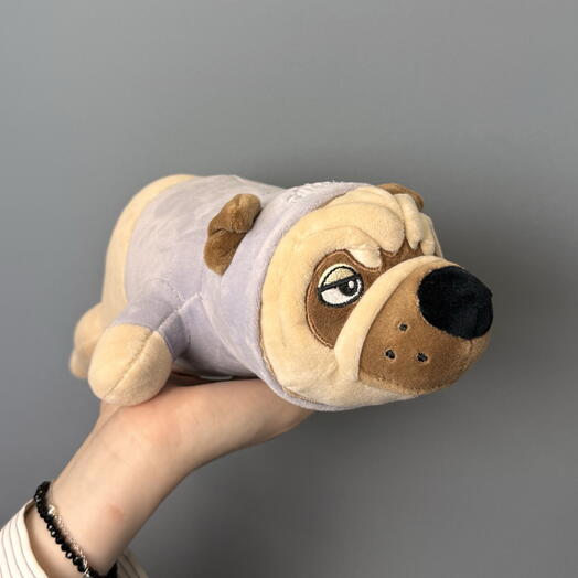 Игрушка мини мопс в сером худи