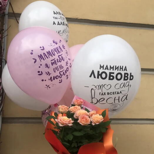 Роза в горшке с 5 воздушными шарами