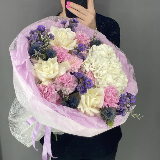 Букет шикарный 🥰 белоснежная гортензия 🌸 французская Роза 🥐🌸🥐 синий Эрингиум 💙