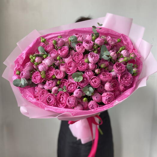 Премиум букет💎 кустовые пиодновидные розы Баблс и веточки эвкалипт💞