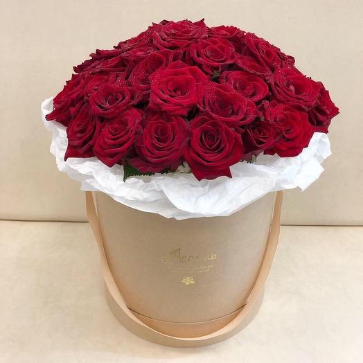 51 red roses in Kraft hat box