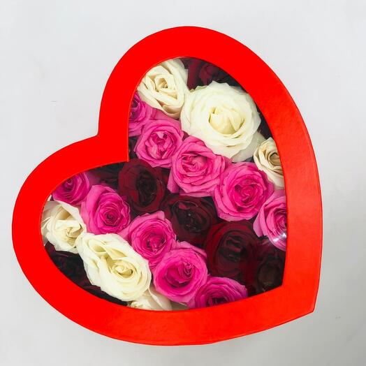 Fresh Roses in Red heart shape box