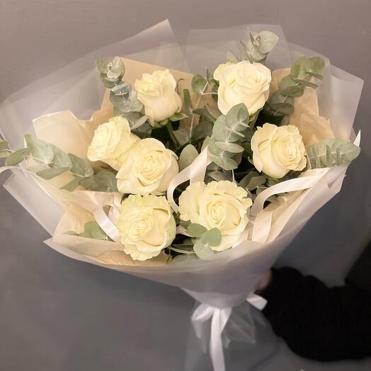 Bouquet of white roses with eucalyptus in a beautiful airy package "My dear"