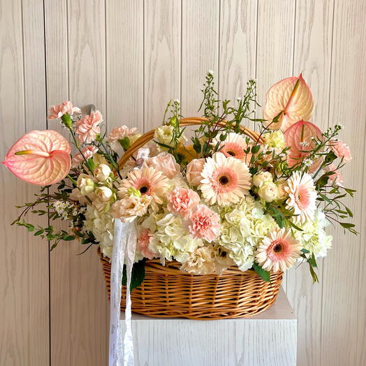 Anthurium couture basket with White Hydrangeas