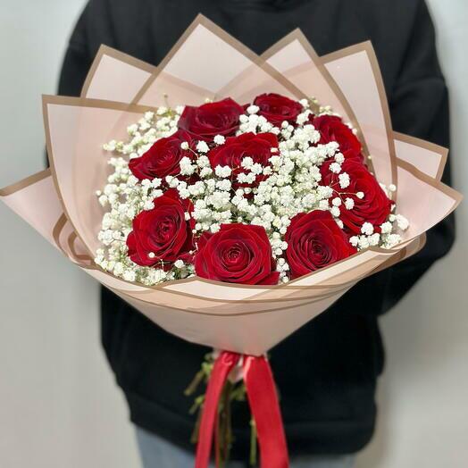 Red Roses with Gypsophila