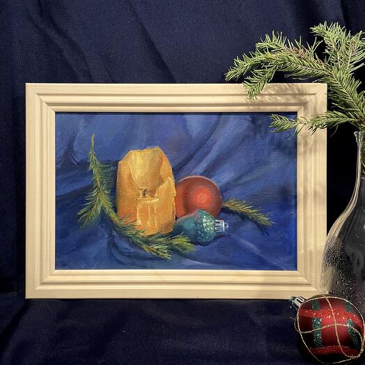 Картина маслом «Новогодний натюрморт со свечой»
