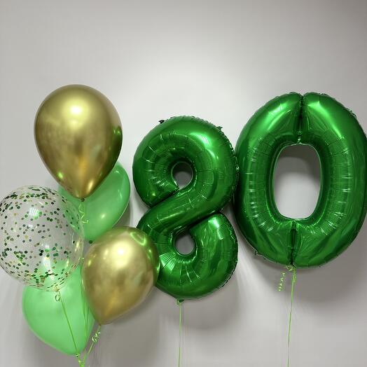 Цифры 80 + фонтан из шаров