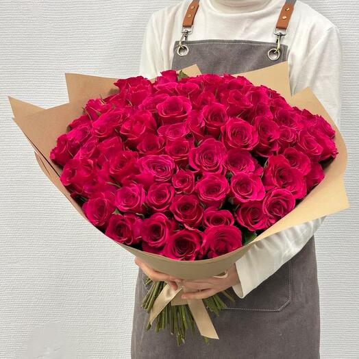 Bouquet of 101 raspberry roses in a craft package