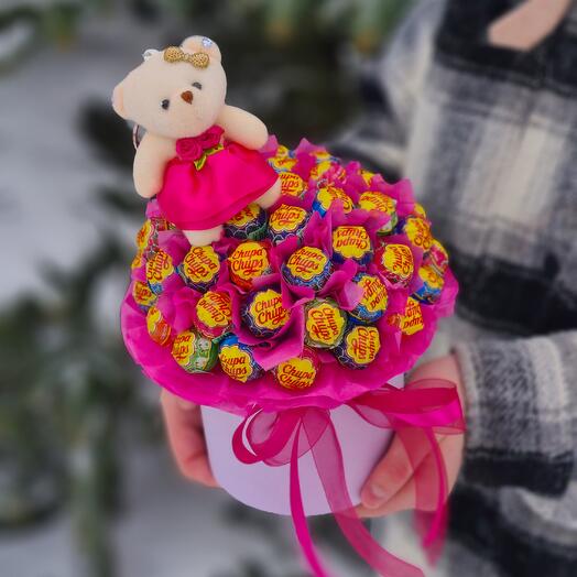 Букет коробочка из конфет Чупа чупс для девочки