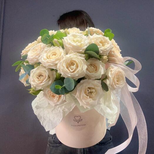 Bush roses + eucalyptus in a box