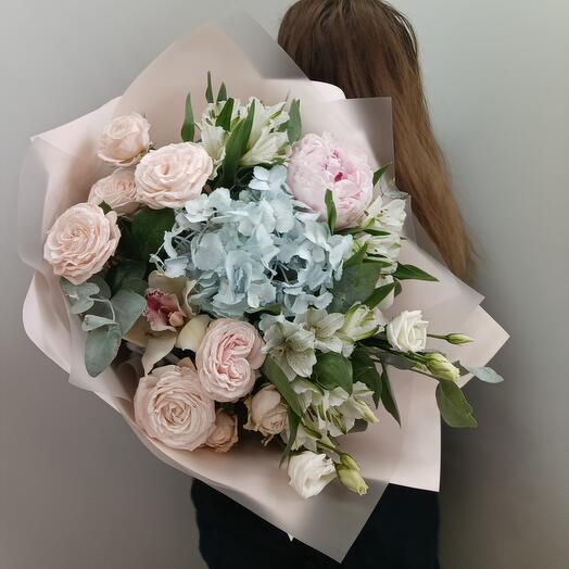 Bouquet with fragrant peony, peony-shaped bush rose, hydrangea, orchid, alstermeria