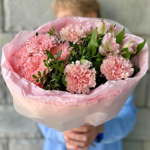 Букет гвоздика одиночная, хризантемы кустовой, альстромерия