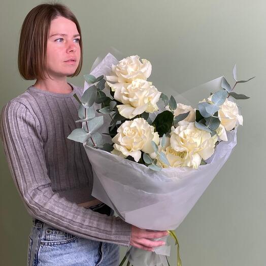 French White Mondial roses with eucalyptus