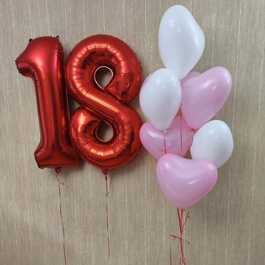 Шары цифры на 18 лет с сердечками