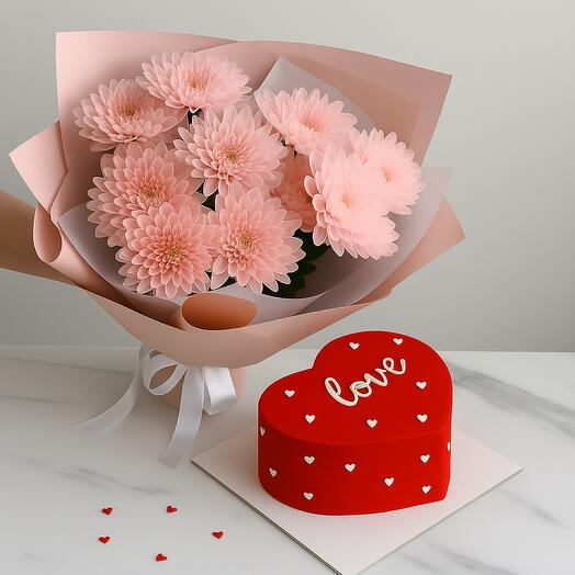 Торт «Love» + букет хризантем