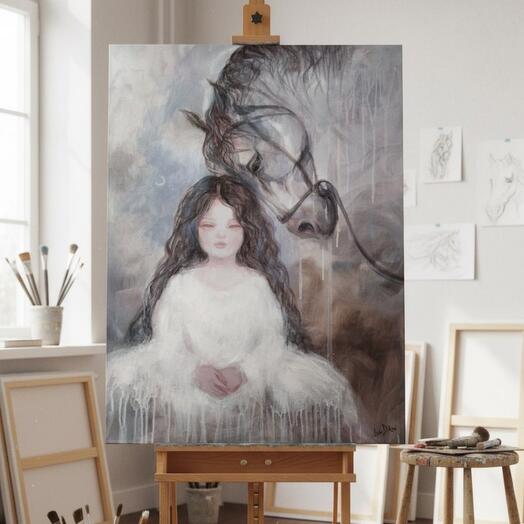 Картина маслом 60*80 "лунная лошадь оберегающая, внутреннего ребёнка"