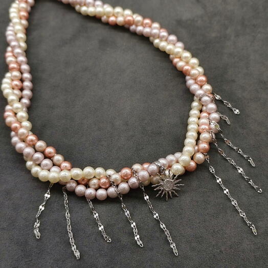 Плетеное многорядное колье из искусственного жемчуга