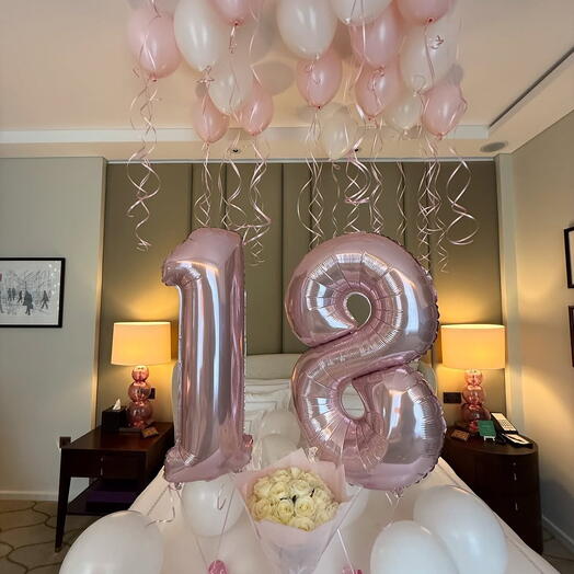 Luxury Pink   White 18th Birthday Balloon Decoration Set - Surprise Concept with 15 Fresh White Roses Bouquet