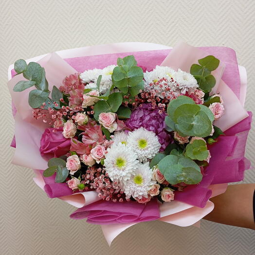 Розовый букет с пионом и хризантемой 💖💖💖