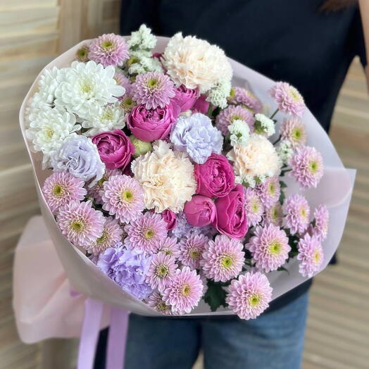 🌸 Розы, гвоздики и хризантемы в букете  «Пудровый шёпот»