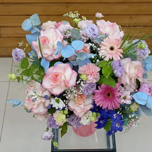 🌼🌼🌼Летняя коллекция композиция из французской розы ,эвкалипта ,статицы и эустомы