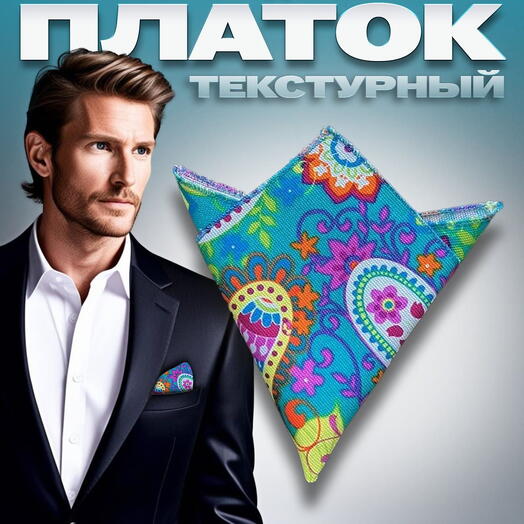 Платок паше мужской нагрудный ярко-голубой в стиле пейсли