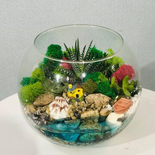 Round florarium aquarium with live flowers