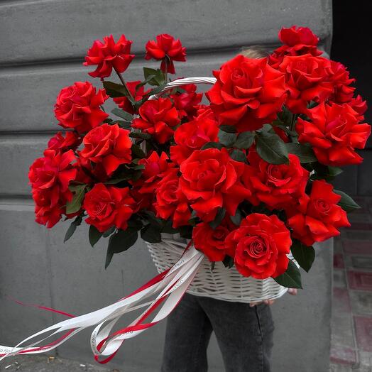 Basket of Scarlet French roses 51 pieces
