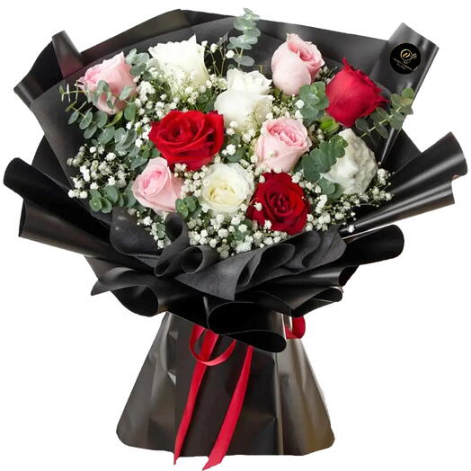 Valentines Day Red Roses Black Wrapped Bouquet