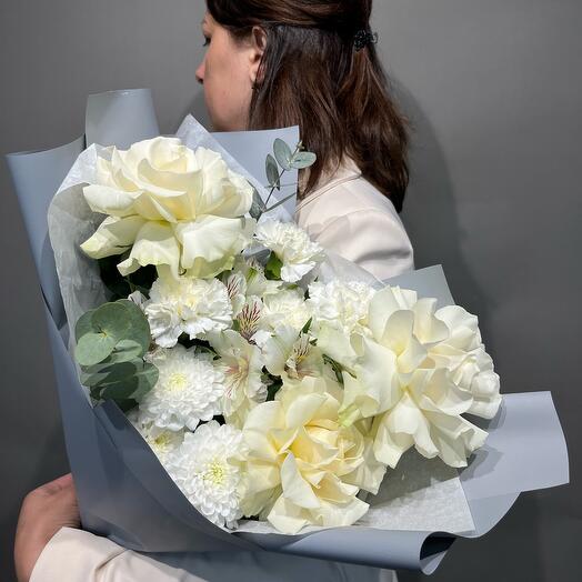 💐 "Магдалина" (французская роза, альстромерия, диантус / гвоздика, хризантема кустовая ,эвкалипт )