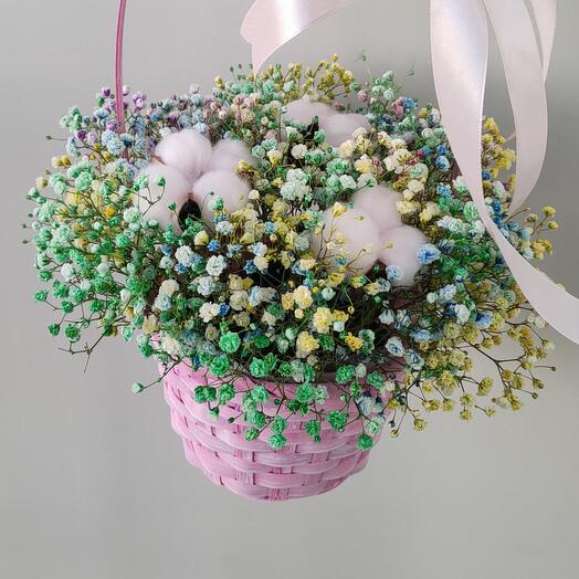 Корзина с гипсофилой, хлопком (17)