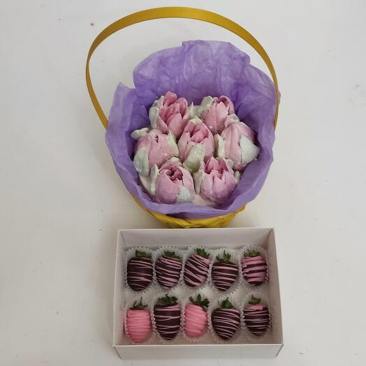 Conjunto Combo. Ramo De tulipanes de malvavisco y fresas cubiertas de chocolate / día de Tatiana / 8 de Marzo / 14 de Febrero / 23 de Febrero / Mamá / Niña