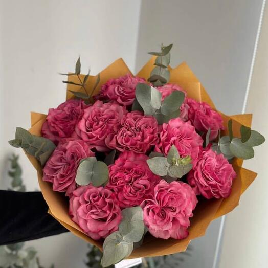 Bouquet of peony shaped rose and eucalyptus