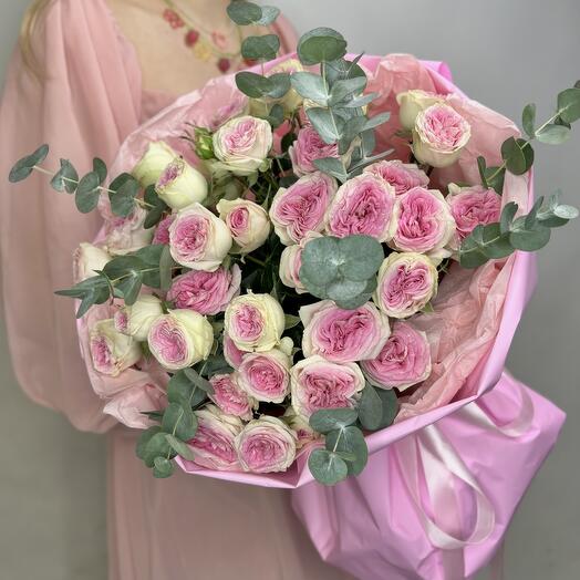 Bushy Pink Roses and Eucalyptus