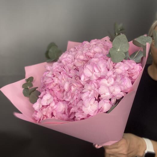Pink hydrangeas with eucalyptus