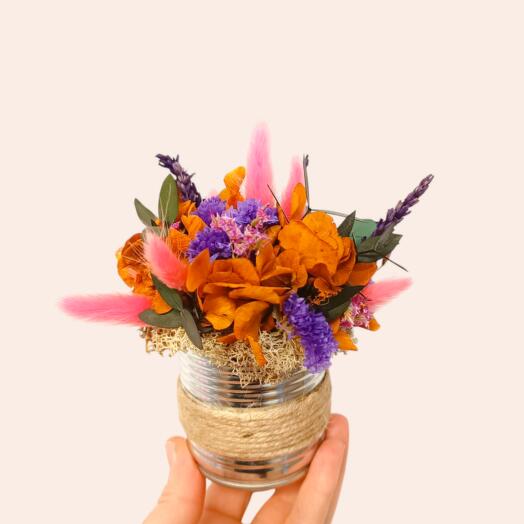 Lata de flores preservadas Naranja,morada y rosa