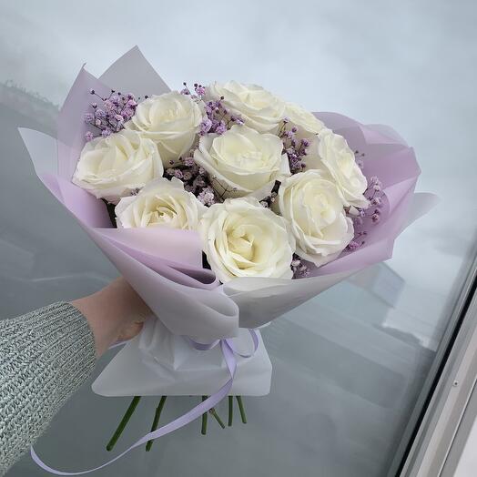 Белые розы с гипсофилой💜