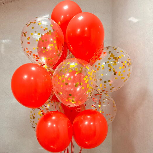Набор воздушных Шаров 18 штук красный, золото конфетти. Set of helium balloons 18 pcs red and gold confetti