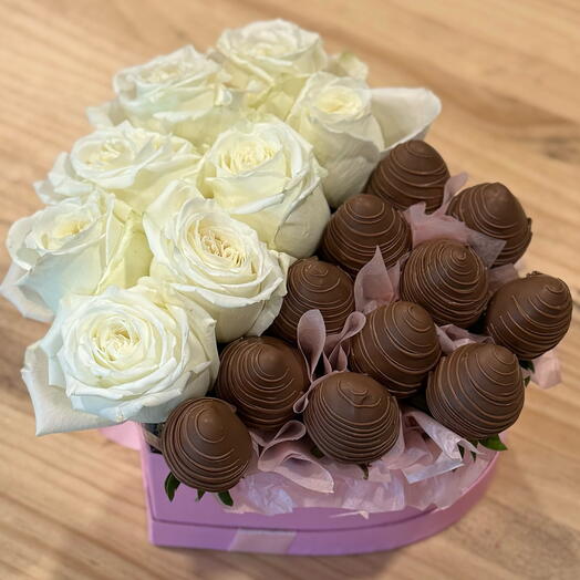 Milk Chocolate Covered Strawberries and White Roses