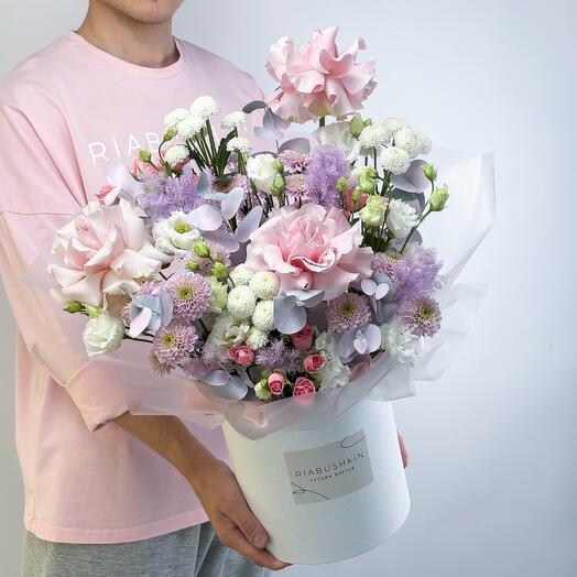 Large delicate arrangement of pink French rose, white and lilac chrysanthemums, with a spray rose and eucalyptus