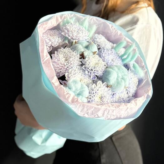 Букет авторский/хризантема кустовая/хлопок натуральный/сухоцветы/Цветы Магнитогорск /Доставка Магнитогорск