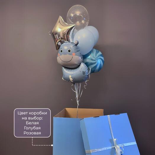 Шары в коробке, бегемотик, для праздника, в голубой гамме, 7 шт